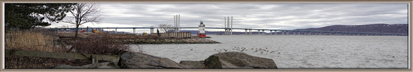 200128_01326_A7RIV The 3 Mile Long Governor Mario M Cuomo Bridge and the 1883 Lighthouse in Winter